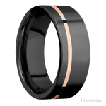 8 mm wide/Flat/Zirconium band with one 1 mm Off Center inlay of 14K Rose Gold.