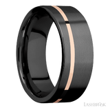 8 mm wide/Flat/Zirconium band with one 1 mm Off Center inlay of 14K Rose Gold.