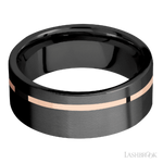 8 mm wide/Flat/Zirconium band with one 1 mm Off Center inlay of 14K Rose Gold.