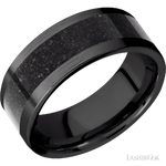 8 mm wide/Flat/Zirconium band with one 5 mm Centered inlay of Dinosaur Bone Black.