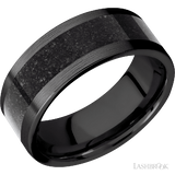 8 mm wide/Flat/Zirconium band with one 5 mm Centered inlay of Dinosaur Bone Black.