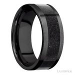 8 mm wide/Flat/Zirconium band with one 5 mm Centered inlay of Dinosaur Bone Black.