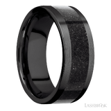 8 mm wide/Flat/Zirconium band with one 5 mm Centered inlay of Dinosaur Bone Black.
