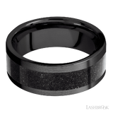 8 mm wide/Flat/Zirconium band with one 5 mm Centered inlay of Dinosaur Bone Black.