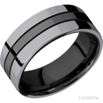 8 mm wide/Flat/Zirconium band with two 3 mm Double Off Center Edge inlays of Tantalum.