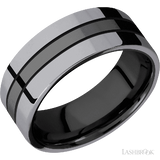 8 mm wide/Flat/Zirconium band with two 3 mm Double Off Center Edge inlays of Tantalum.