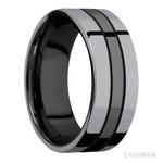8 mm wide/Flat/Zirconium band with two 3 mm Double Off Center Edge inlays of Tantalum.