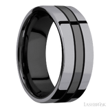 8 mm wide/Flat/Zirconium band with two 3 mm Double Off Center Edge inlays of Tantalum.