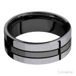 8 mm wide/Flat/Zirconium band with two 3 mm Double Off Center Edge inlays of Tantalum.