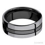 8 mm wide/Flat/Zirconium band with two 3 mm Double Off Center Edge inlays of Tantalum.