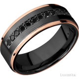 8 mm wide/Flat Grooved Edges/Zirconium band with a Half Eternity arrangement of .03 carat Round Black Diamond stones in a Bead setting and featuring two 1 mm Edge inlays of 14K Rose Gold