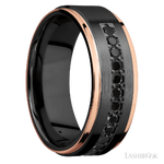 8 mm wide/Flat Grooved Edges/Zirconium band with a Half Eternity arrangement of .03 carat Round Black Diamond stones in a Bead setting and featuring two 1 mm Edge inlays of 14K Rose Gold