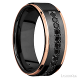 8 mm wide/Flat Grooved Edges/Zirconium band with a Half Eternity arrangement of .03 carat Round Black Diamond stones in a Bead setting and featuring two 1 mm Edge inlays of 14K Rose Gold