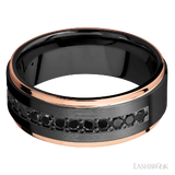8 mm wide/Flat Grooved Edges/Zirconium band with a Half Eternity arrangement of .03 carat Round Black Diamond stones in a Bead setting and featuring two 1 mm Edge inlays of 14K Rose Gold