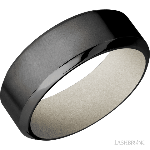 8 mm wide High Bevel Zirconium band featuring a Bright Nickel sleeve.