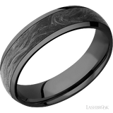 6 mm wide/Domed/Zirconium band with one 4 mm Centered inlay of Forged Carbon Fiber.
