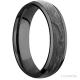 6 mm wide/Domed/Zirconium band with one 4 mm Centered inlay of Forged Carbon Fiber.