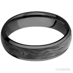 6 mm wide/Domed/Zirconium band with one 4 mm Centered inlay of Forged Carbon Fiber.