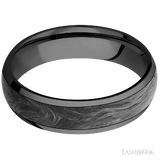 6 mm wide/Domed/Zirconium band with one 4 mm Centered inlay of Forged Carbon Fiber.