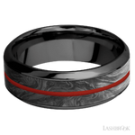8 mm wide/High Bevel/Zirconium band featuring inlays of Forged Carbon Fiber and Red Apple.