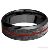 8 mm wide/High Bevel/Zirconium band featuring inlays of Forged Carbon Fiber and Red Apple.
