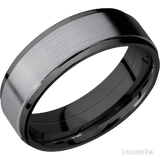 7 mm wide/Flat Grooved Edges/Zirconium band with one 5 mm Raised Centered inlay of Tantalum.