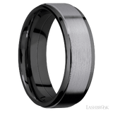7 mm wide/Flat Grooved Edges/Zirconium band with one 5 mm Raised Centered inlay of Tantalum.