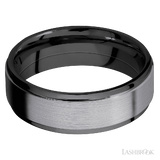 7 mm wide/Flat Grooved Edges/Zirconium band with one 5 mm Raised Centered inlay of Tantalum.