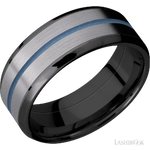 8 mm wide/Beveled/Zirconium band featuring inlays of Tantalum and Polar Blue.