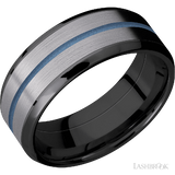 8 mm wide/Beveled/Zirconium band featuring inlays of Tantalum and Polar Blue.