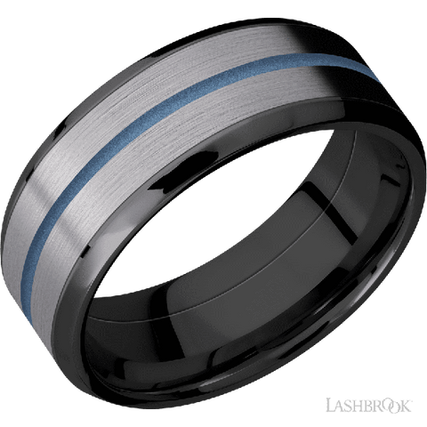 8 mm wide/Beveled/Zirconium band featuring inlays of Tantalum and Polar Blue.