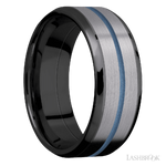 8 mm wide/Beveled/Zirconium band featuring inlays of Tantalum and Polar Blue.