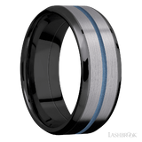 8 mm wide/Beveled/Zirconium band featuring inlays of Tantalum and Polar Blue.
