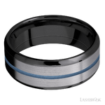 8 mm wide/Beveled/Zirconium band featuring inlays of Tantalum and Polar Blue.