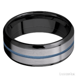 8 mm wide/Beveled/Zirconium band featuring inlays of Tantalum and Polar Blue.