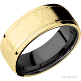 8 mm wide Flat Stepped Edges Milgrain 14K Yellow Gold band featuring a Zirconium sleeve.