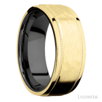 8 mm wide Flat Stepped Edges Milgrain 14K Yellow Gold band featuring a Zirconium sleeve.