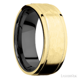 8 mm wide Flat Stepped Edges Milgrain 14K Yellow Gold band featuring a Zirconium sleeve.