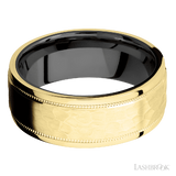 8 mm wide Flat Stepped Edges Milgrain 14K Yellow Gold band featuring a Zirconium sleeve.
