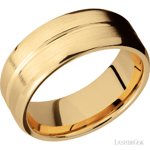 8 mm wide Beveled with Center Accent Groove 14K Yellow Gold band.