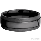 8 mm wide Domed with two accent grooves Zirconium band.