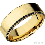 8 mm wide/High Bevel/14K Yellow Gold band with a Bevel Eternity arrangement of .01 carat Round Black Diamond stones in a Bead setting.