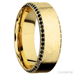 8 mm wide/High Bevel/14K Yellow Gold band with a Bevel Eternity arrangement of .01 carat Round Black Diamond stones in a Bead setting.