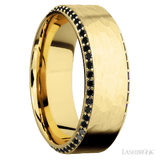 8 mm wide/High Bevel/14K Yellow Gold band with a Bevel Eternity arrangement of .01 carat Round Black Diamond stones in a Bead setting.