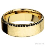 8 mm wide/High Bevel/14K Yellow Gold band with a Bevel Eternity arrangement of .01 carat Round Black Diamond stones in a Bead setting.
