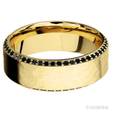 8 mm wide/High Bevel/14K Yellow Gold band with a Bevel Eternity arrangement of .01 carat Round Black Diamond stones in a Bead setting.