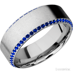 8 mm wide/High Bevel/14K White Gold band with a Bevel Eternity arrangement of .01 carat Round Sapphire stones in a Bead setting.