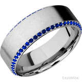 8 mm wide/High Bevel/14K White Gold band with a Bevel Eternity arrangement of .01 carat Round Sapphire stones in a Bead setting.