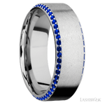 8 mm wide/High Bevel/14K White Gold band with a Bevel Eternity arrangement of .01 carat Round Sapphire stones in a Bead setting.