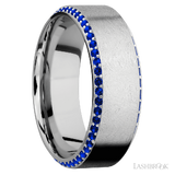 8 mm wide/High Bevel/14K White Gold band with a Bevel Eternity arrangement of .01 carat Round Sapphire stones in a Bead setting.